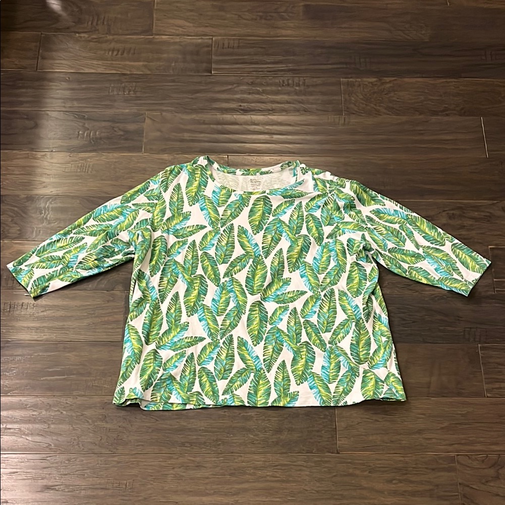 Kim Rogers Perfectly Soft Cotton Shirt Leaves Green White Womens Size 1x